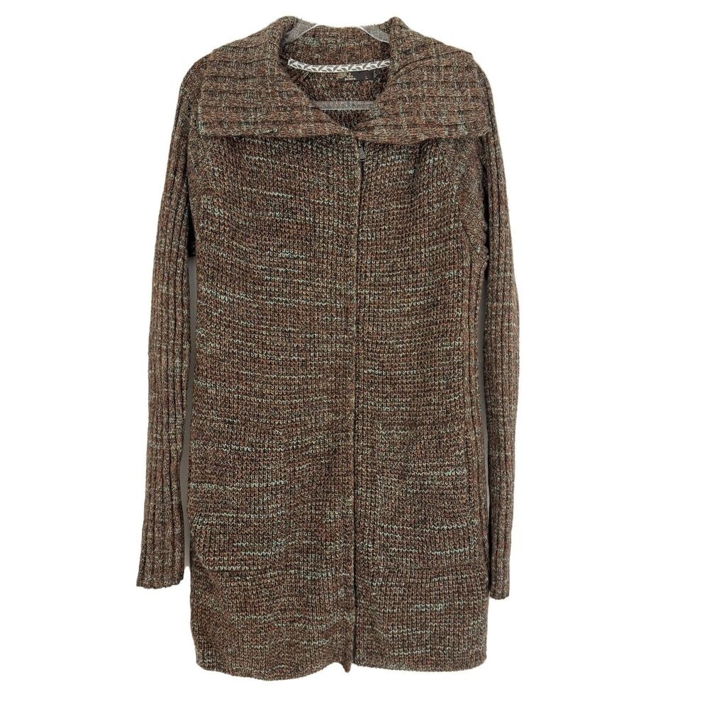 PRANA Long Sweater Coat Full Zip Collared L Brown Woolen Cotton Pockets EUC B73